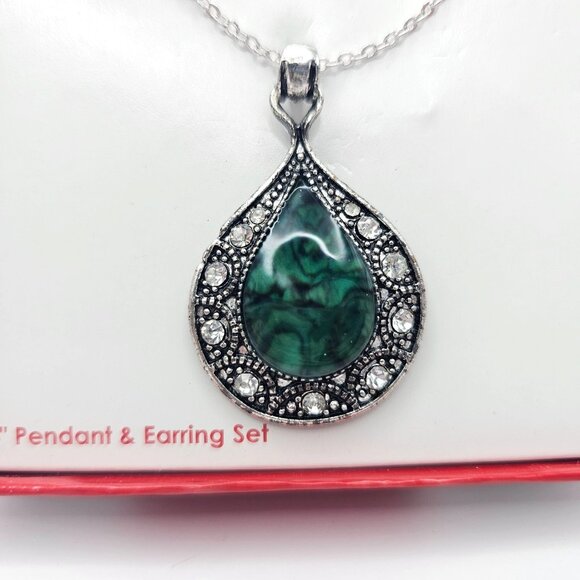 Silver Tone Necklace & Earring Set Faux Mother Of Pearl Enamel - Picture 3 of 13